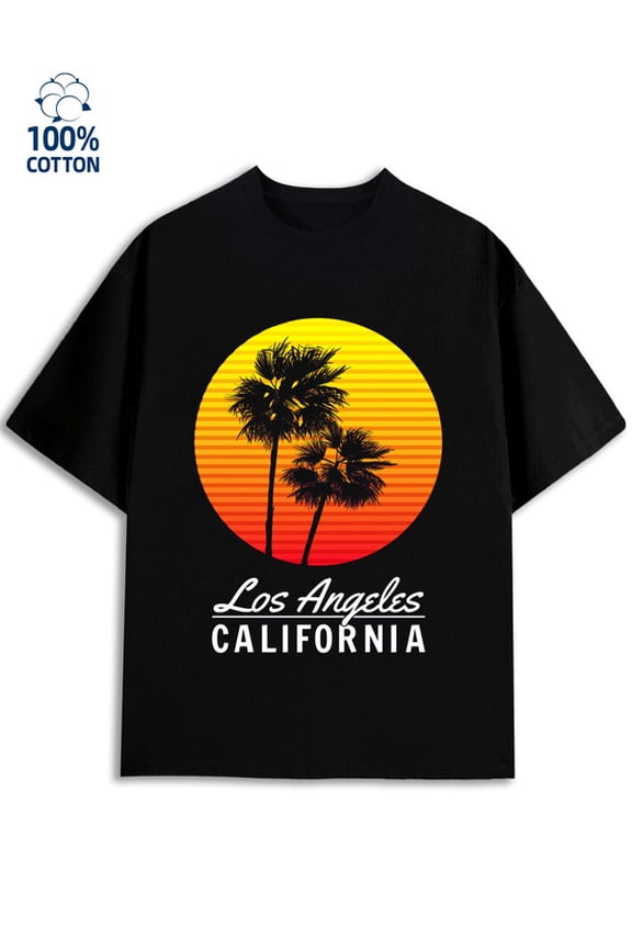 LA Sunset Palm for men Los Angeles 180G 100% Cotton black cut graphics Funny Unisex Shirt Graphic Tee tshirts Retro Unisex Shirt Cotton tshirts Original Unisex Shirt Crewneck tshirts