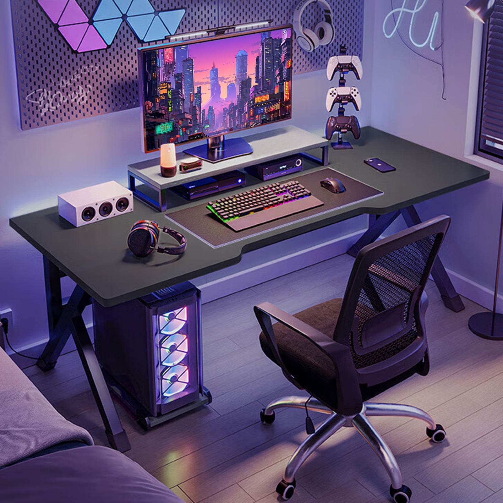 LA TALUS Gaming Desk, Ergonomic Computer Game Table with Xshaped Steel Legs, Sturdy PC