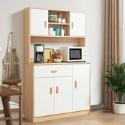 LA TALUS Kitchen Pantry Storage Cabinet, Freestanding Hutch Cabinet with Buffet Cupboard, Utility Pantry with Microwave Stand, Household Wall Tall Sideboard with Drawers, Doors and Shelves White