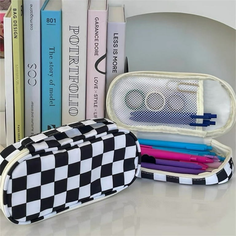 La Talus Pencil Pouch Soft Handle Checkerboard Pattern Nylon School Students Pencil Storage Bag for Office Black White