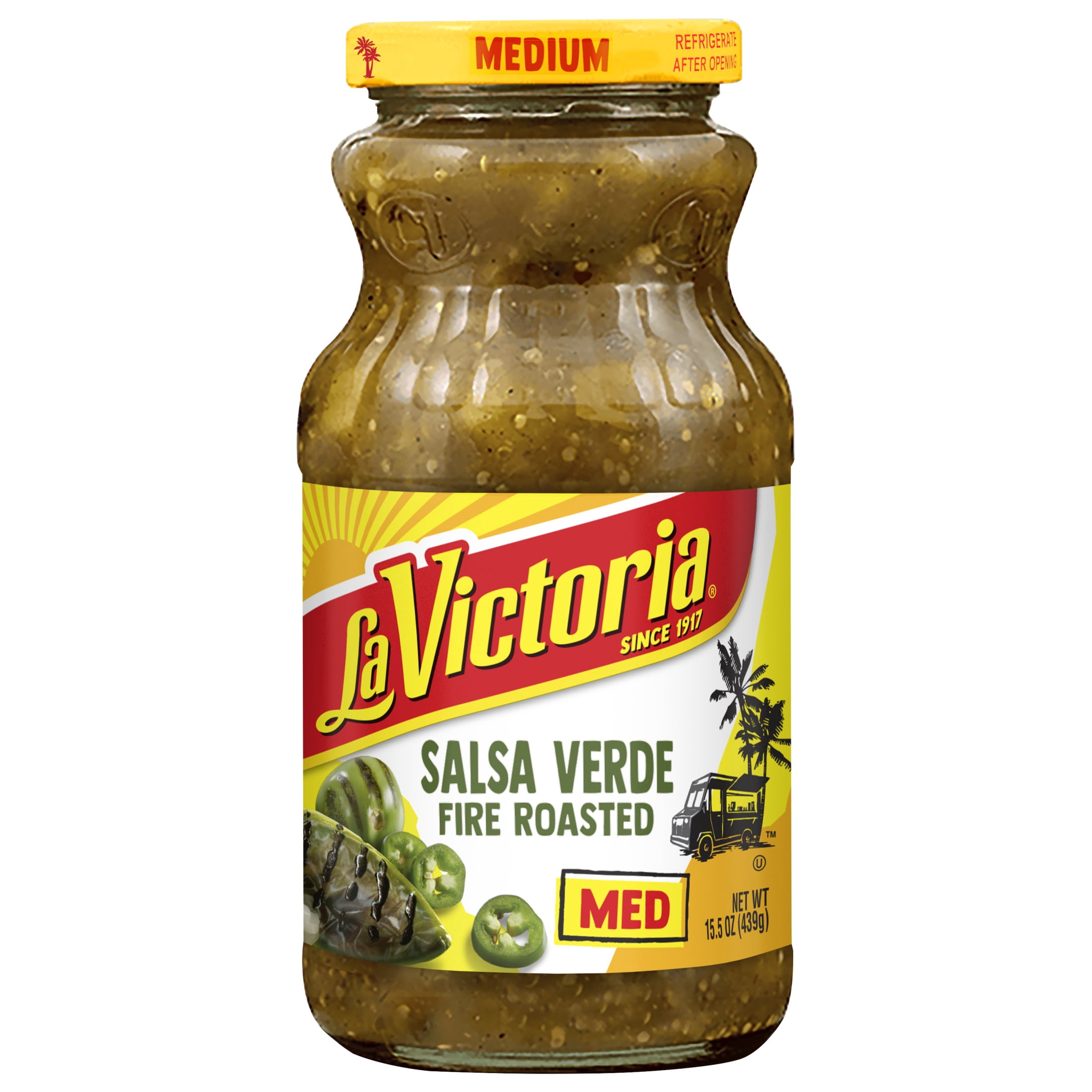 LA VICTORIA Salsa Verde Fire Roasted, Medium, Shelf Stable, 15.5 oz Glass Jar