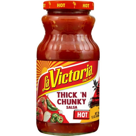 LA VICTORIA Thick 'N Chunky Salsa, Hot, Shelf-Stable, 15.5 oz Glass Jar