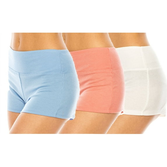 LA12ST Women 3 Packs Ribbed Knit 3" High Waist Casual Shorts - Premium Buttery Soft Solid Stretch
