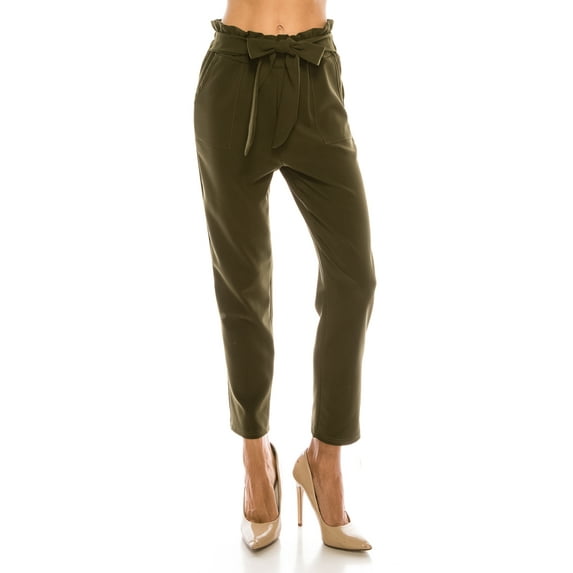 LA12ST Women's Cropped Paper Bag Waist Pants with Pockets