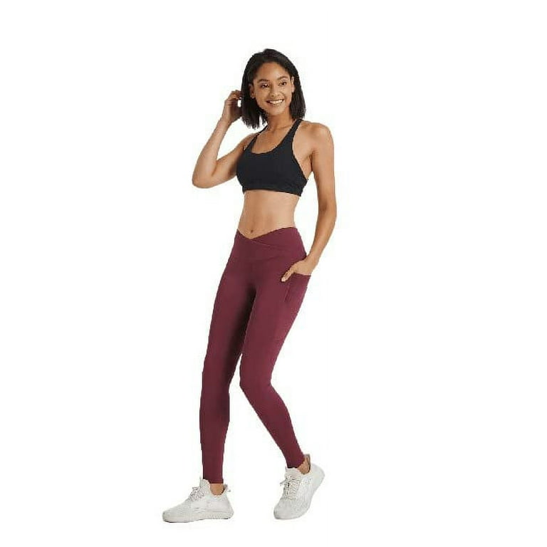 LA7 Burgundy Crossover Leggings for Women with Pockets for Gyming, Cycling,  Yoga, Workout, Small