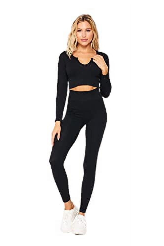 LA7 Women's Two Piece Outfit Seamless Rib-Knit Longsleeve Crop Top Sport  Yoga Running Set, Small/Medium Size With Black Color. 