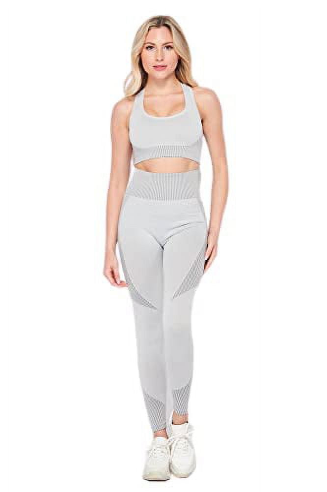 LA7 Women's Two Piece Outfit Soft Honeycomb Texture Sport Yoga Running Set,  Small/Medium Size With Light Grey Color.