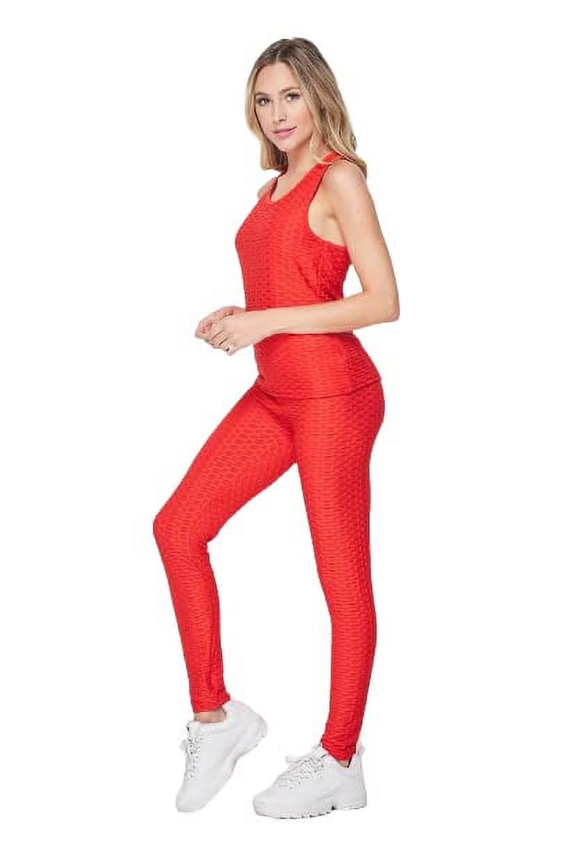 LA7 Women's Two Piece Outfit Soft Tiktok Honeycomb Texture Legging Set  Sports Yoga Running, Large/X-Large Size With Black Color. 