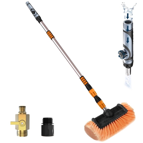 LAANPOLE 12FT Car Wash Brush with Long Handle, Car Cleaning Brush with 12 Inch Soft Bristle and Soap Dispenser, Solar Panels Cleaner with Telescoping Pole for RV, Truck, Boat, House Siding, Yellow