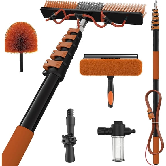 LAANPOLE 30Ft Reach Solar Panel Cleaning Brush Kit with 5-24ft Telescoping Pole, Water Fed Window Cleaner Tool with 20" Brush, Soap Dispenser, Cobweb Duster, Squeegee for Roof, RV, Gutter, Boat, Deck