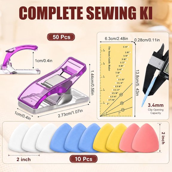 LABAKUI-10 Pcs Triangle Sewing Chalk with 50 Pcs Fabric Clips 1 Ruler
