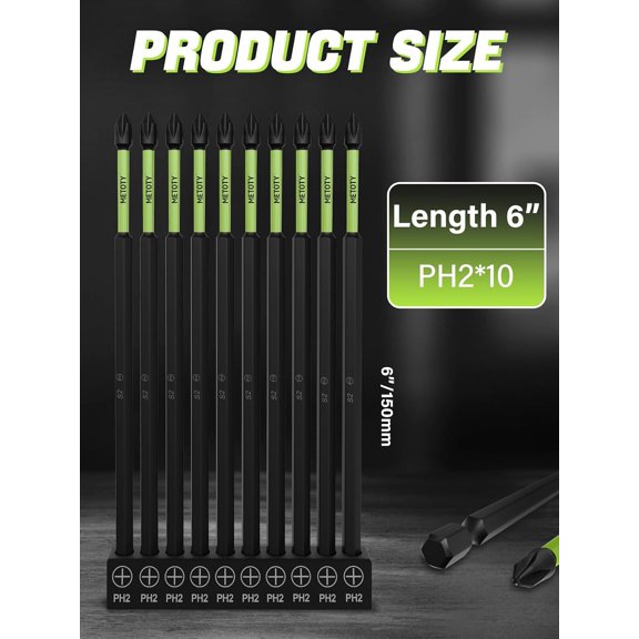 LABAKUI-10PCS 6" Length PH2 Impact Screwdriver Bit Set,S2 Alloy Steel