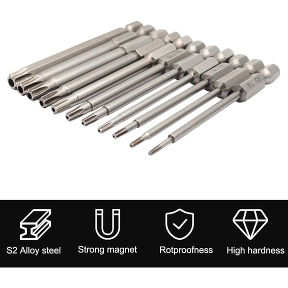 LABAKUI-11Pcs Security Torx Bits Set, S2 Aolly Steel Magnetic Tamper Proof Screwdriver Bit Set 3inch 1/4" Hex Shank Impact Driver Star Bits Sets T6-T40