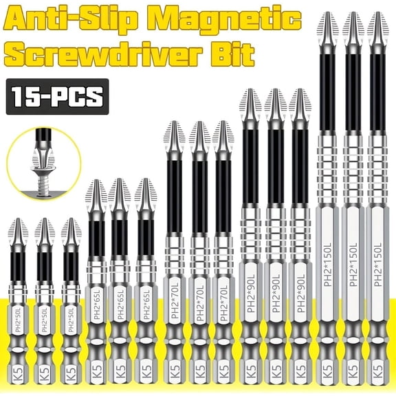 LABAKUI-15-Piece Magnetic Screwdriver Bit Set K5 Impact Resistant Phillips Bits in 50mm, 65mm, 70mm, 90mm & 150mm Lengths for Electric Drills and Manual Tools