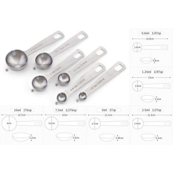 LABAKUI-18/8 Stainless Steel Measuring Spoons with Ring Holder Bonus, Set of 6 Accurate Kitchen Tablespoon to 1/8 Metal Teaspoon Measuring Spoons