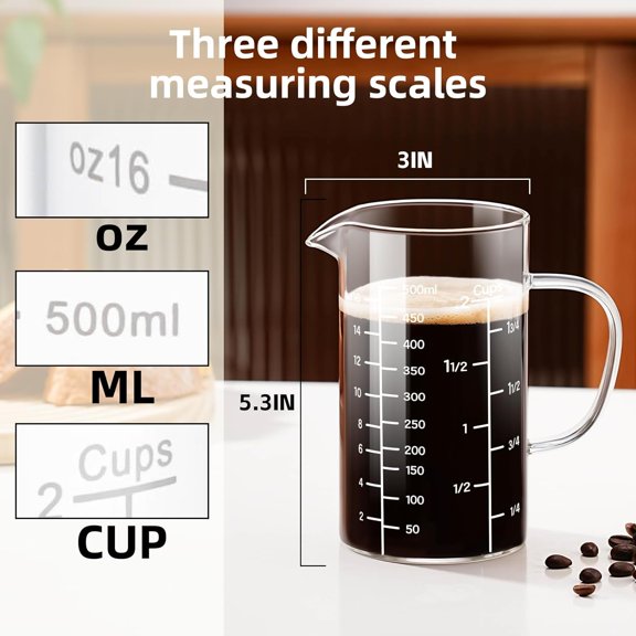 LABAKUI-2 Cup Glass Measuring Cup, Liquid Measuring Cups with three Scale and V-Shaped Mouth, Glass Coffee Cups with Handle, Glass Beaker for Kitchen or Restaurant 500 ML