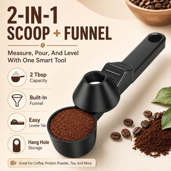 LABAKUI-2-In-1 Measuring Spoon, Coffee Scoop Funnel Combo for K Cup Refillable Pods, 2 Tablespoon Kitchen Measuring Tool for Ground Coffee Protein Powder Tea, Reusable Pod Accessories(1PC)