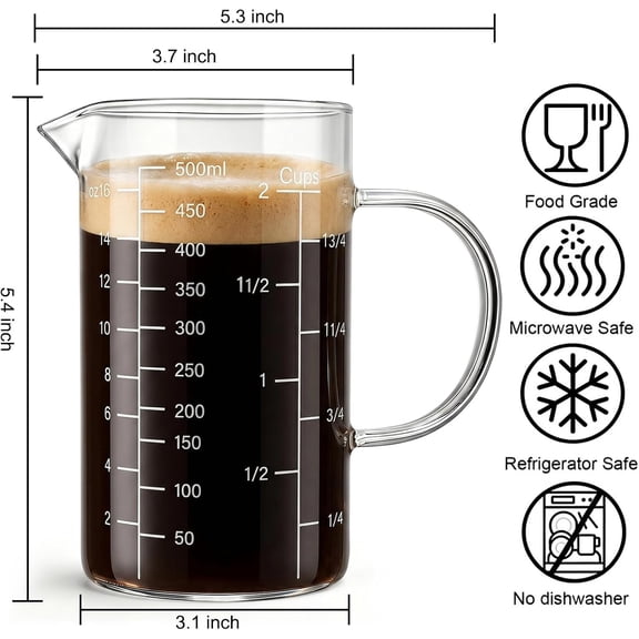 LABAKUI-2 Pack Glass Liquid Measuring Cup 500ML 2 CUP with Handle, High Borosilicate Glass Measuring Beaker Three Scales (OZ, Cup, ML/CC) for Kitchen or Restaurant, V-Shaped Spout, Easy to Read