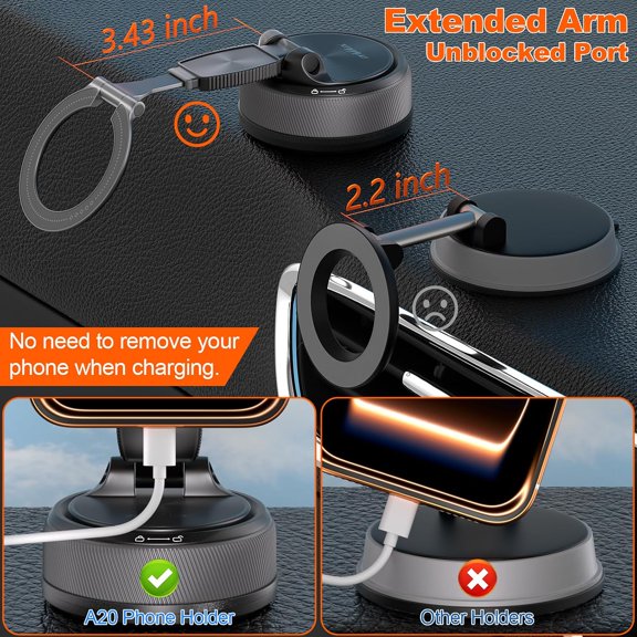 LABAKUI-2-in-1 Detachable Car Phone Holder, Magsafe Phone Mount with Extendable Arm for Your Car, 360 Adjustable Phone Holder for Dashboard, N55 Strong Magnet Kickstand Loop for iPhone 17/16/15/14/1