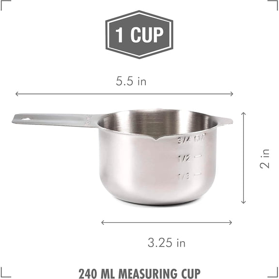 LABAKUI-2lbDepot 1 Cup Measuring Cup Stainless Steel Metal, Accurate, Engraved Markings US & Metric (240 ml), Wet Liquids & Dry Food Ingredients for Kitchen Baking & Cooking, One Single Cup