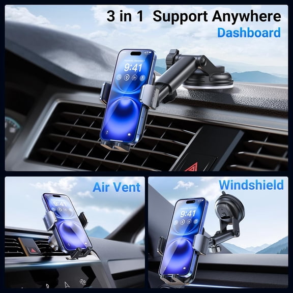 LABAKUI-3-in-1 Car Phone Holder [122+LBS Strongest Suction & Stable Clamp Arm] 360 Adjustable Car Phone Mount, Cell Phone Holders for Your Car for Dashboard Vent, All Smartphones & Car Models