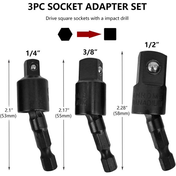 LABAKUI-3PC 360 Wobble Socket Adapter Set, 1/4 Hex to 1/4 3/8 1/2 Drive