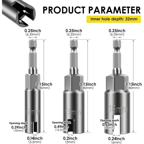 LABAKUI-3PCS Wing Nut Driver Set 10mm 13mm 16mm, 1/4 Inch Hex Shank Nut Driver Bit, Slot Wing Nut Socket Wrenches Tools for Panel, Eye Bolt, Wire Twisting, Eye C-Hook Bolt Q-Hanger (Sliver)