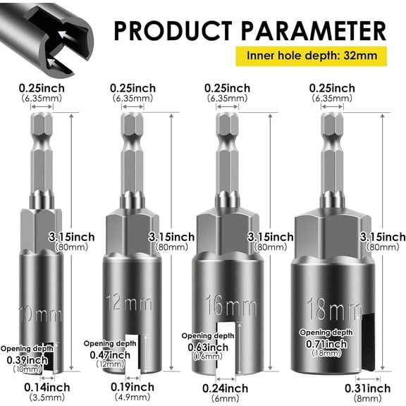 LABAKUI-4PCS Wing Nut Driver Set 10mm 12mm 16mm 18mm, 1/4 Inch Hex Shank Nut Driver Bit, Slot Wing Nut Socket Wrenches Tools for Panel, Eye Bolt, Wire Twisting, Eye C-Hook Bolt Q-Hanger (Sliver)