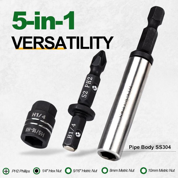 LABAKUI-5-in-1 Reversible Magnetic Nut Driver Bit, Impact Double-Ended Flip Socket for H1/4 H5/16 H8 H10 & PH2, Taiwan S2, 1/4"Hex Shank for Metal Roofing, HVAC & Sheet Metal