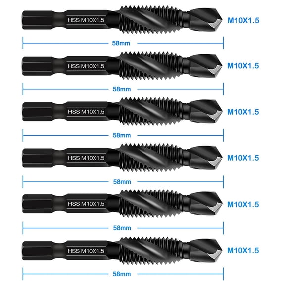 LABAKUI-6 Packs M10 Combination Drill & Taps Bit Set, Screw Tapping Threading Tools in Size M10*1.5 with Anti-Rust Black Coating, 1/4" Hex Shank and Storage Case