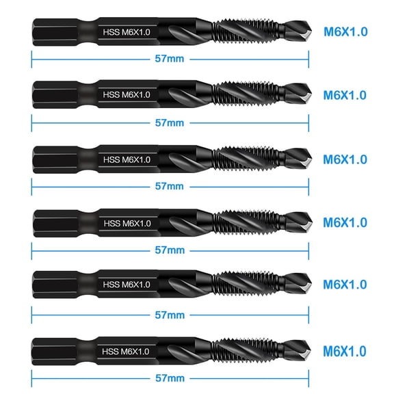 LABAKUI-6 Packs M6 Combination Drill & Taps Bit Set, Screw Threading Tapping Tools in Size M6*1.0 with Anti-Rust Black Coating, 1/4" Hex Shank and Storage Case
