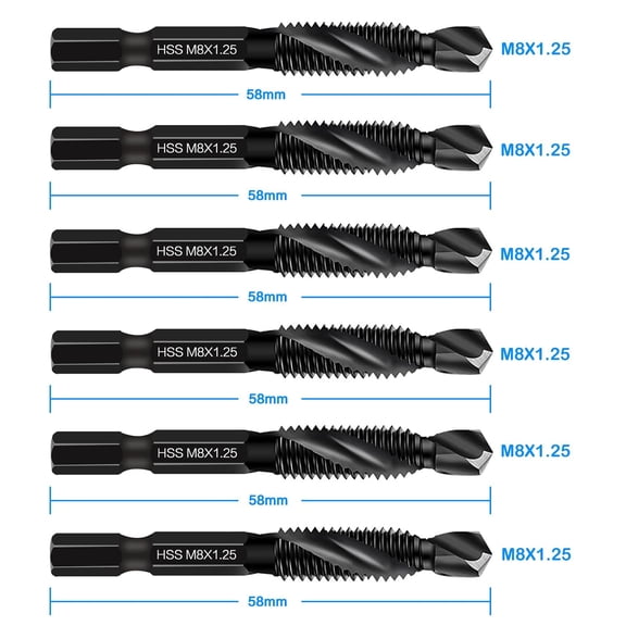 LABAKUI-6 Packs M8 Drill & Tap Bit Set, Combination Screw Tapping Threading Tools in Size M8*1.25 with Anti-Rust Black Coating, 1/4" Hex Shank and Storage Case