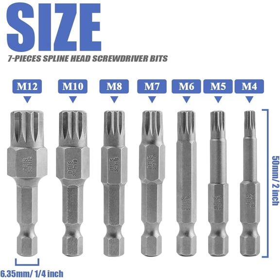 LABAKUI-7 Pieces 50mm Triple Square Spline Bit Set Quick Change 1/4" Hex Shank 12-Point Spline Drive Bits M4 M5 M6 M7 M8 M10 M12 Magnetic Screwdriver Bits for Mechanic Garage Repair Tools