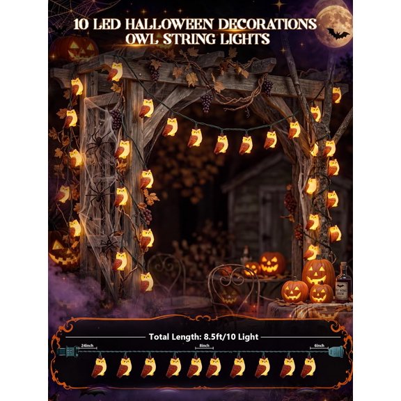 LABAKUI-8.5Ft Halloween Owl String Lights, 10LED Halloween Party Decoration Plug-in