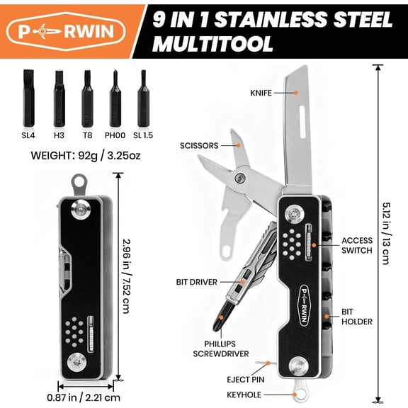 LABAKUI-9-in-1 EDC Multitool with Pocket Knife, Scissors and Screwdriver Set, Stainless Steel Multi Tool Keychain, Gifts for Men, Survival and Camping Gear