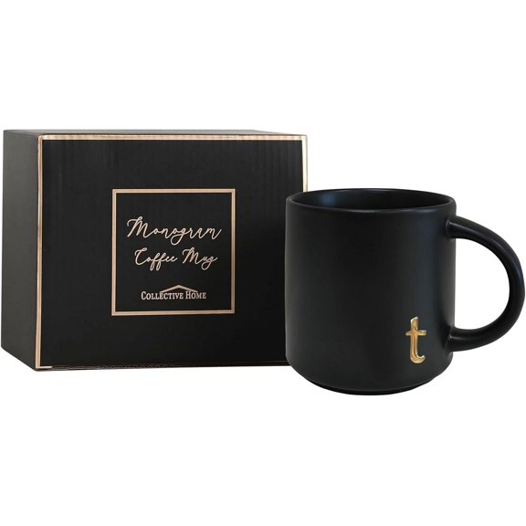 LABAKUI-Black Ceramic Coffee Mug, 15 oz Golden Monogram Tea Cup (t)