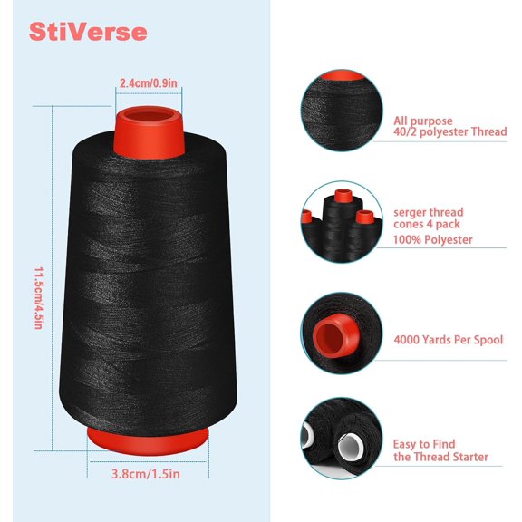 LABAKUI-Black Sewing Thread, Serger Thread Cones 4 Pack,40S/2-24000Y Sewing Thread