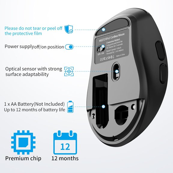 LABAKUI-Bluetooth Silent Ergonomic Side Button Mouse Black