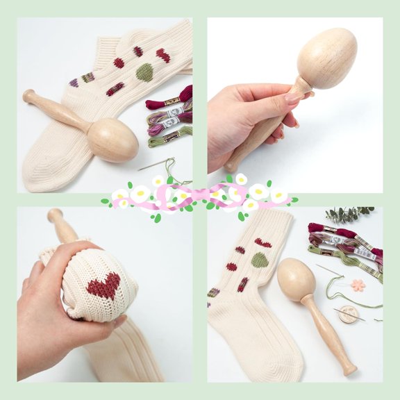 LABAKUI-Darning Egg, Socks Wooden Darning Supplies Kit with 12 Pcs Needles 12 Colors Darning Thread for Socks Clothes Adults Darner DIY Handicraft Home Sewing Care