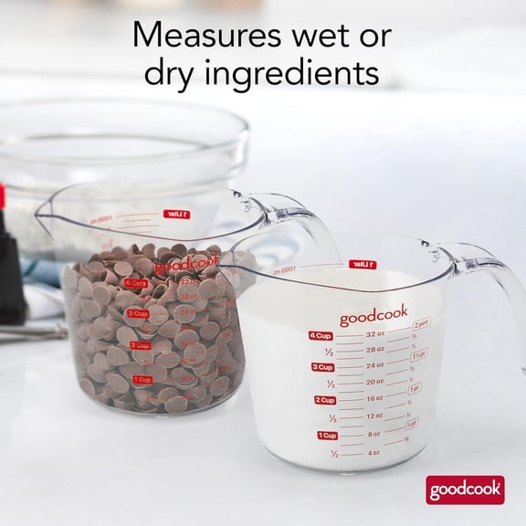 LABAKUI-Everyday 4-Cup Liquid Measuring Cup, Clear Plastic with Easy-to-Read Markings, Tapered Pour Spout, Comfortable Handle, Measures in Cups, Ounces, Pints, and Milliliters
