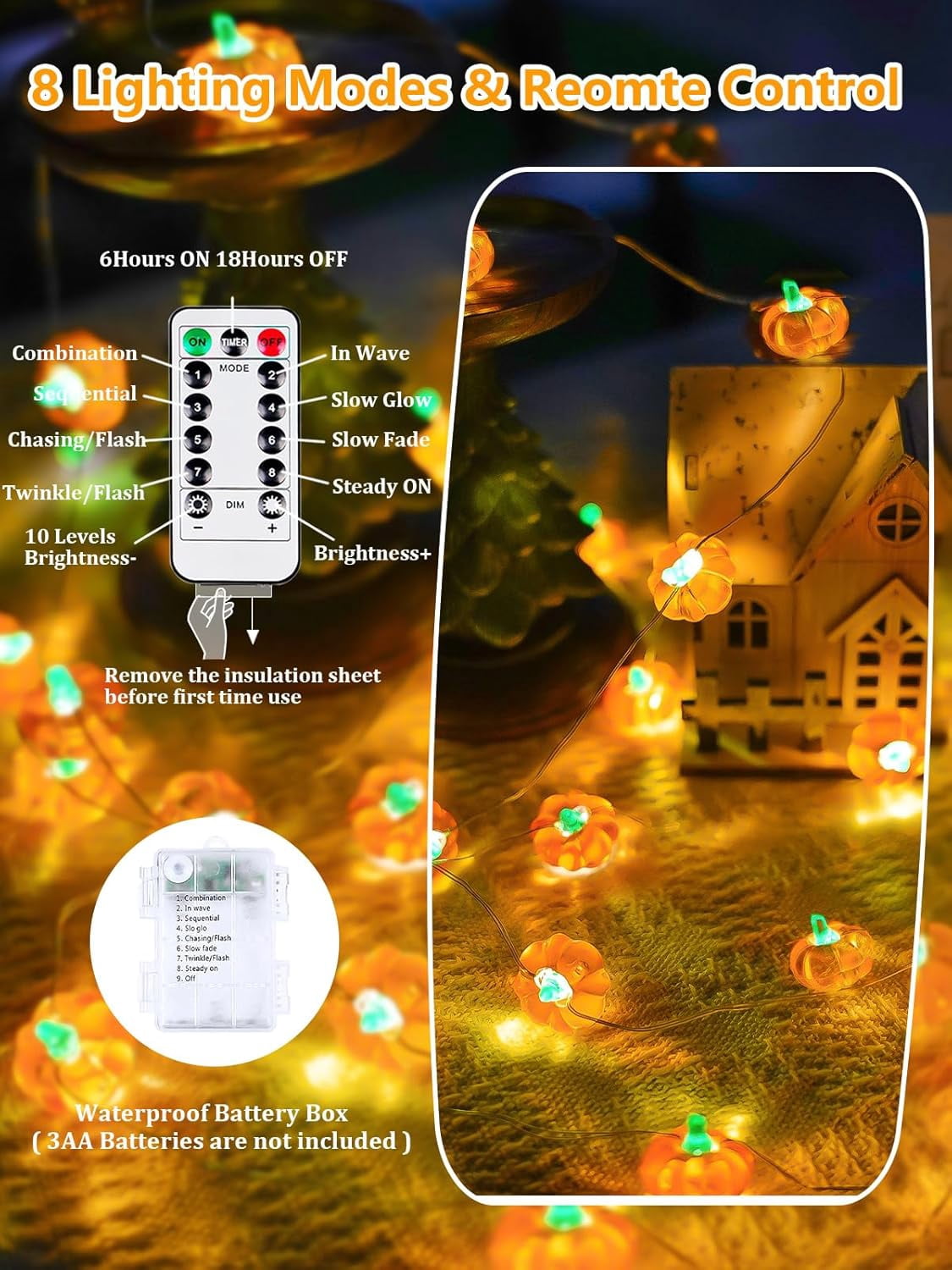 Skip Remote Operating LABAKUI-Fall Decor 10FT 3D Pumpkin Fairy Lights Battery Operated With ...