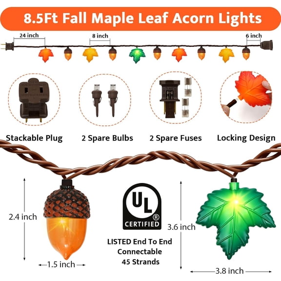 LABAKUI-Fall Decor String Lights, 8.5FT 10 LED 3D Maple Leaf & Acorn Lights Plug in Acorn String Lights Connectable Indoor Outdoor, Autumn Thanksgiving Harvest for Fall Decorations
