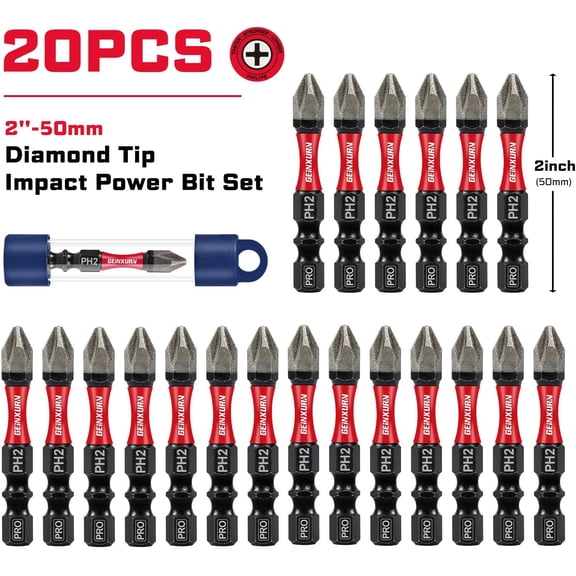LABAKUI-Geinxurn 20Pcs Diamond Coated Impact Screwdriver Bit Set, 2 Inches #2 Phillips Power Driver Bits, Magnetic S2 Steel PH2 Screwdriver Bits Set with Tubes Package