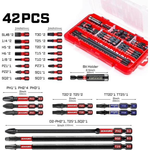 LABAKUI-Geinxurn 42pieces Screwdriver Bits Set, Impact Magnetic S2 Steel Multi Insert Power Bits Tips with Impact Bit Holder with Storage BoxPH/TORX/SQ/PZ/HEX/SL