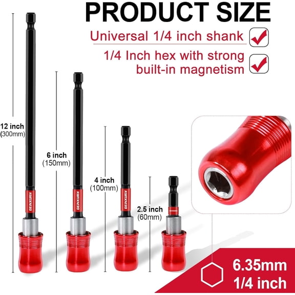 LABAKUI-Geinxurn 4PCS Impact Screwdriver Bit Holder Set, Magnetic Extension Quick-Change Socket Drill Bit Holder Cr-V SteelHex Shank Quick Release Drill Bit Guide (2.5 4 6 12)