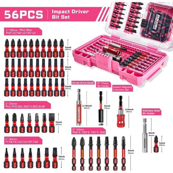 LABAKUI-Geinxurn 56Pieces Impact Screwdriver Bits Set, Magnetic S2 Steel Phillips/Slotted/Square/Torx Insert Power Bits Tips, Impact Bit Holder with Pink Storage Box Case