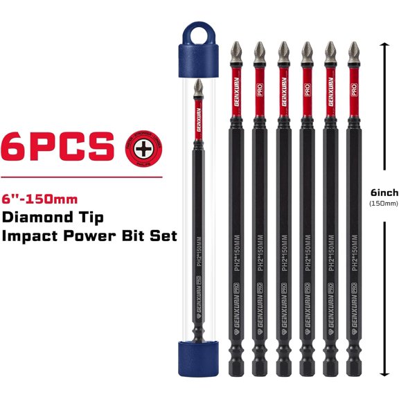 LABAKUI-Geinxurn 6Pcs Diamond Coated Impact Screwdriver Bit Set, 6 Inches #2 Phillips Power Driver Bits, Magnetic S2 Steel PH2 Screwdriver Bits Set with Tubes Package