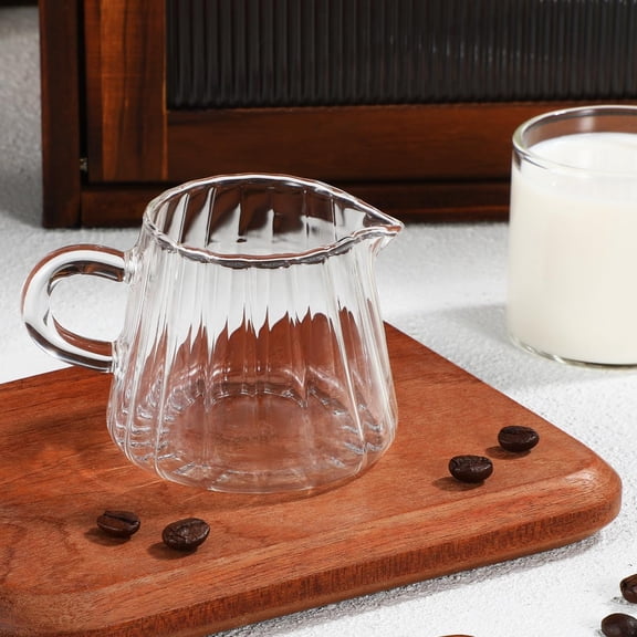 LABAKUI-Glass Creamer Pitcher Small Milk Frothing Pitcher for Coffee Tea and Cream Clear Borosilicate Glass Milk Jug with Spout and Handle 3.74 X 2.55 X 2.55 in 1 pack