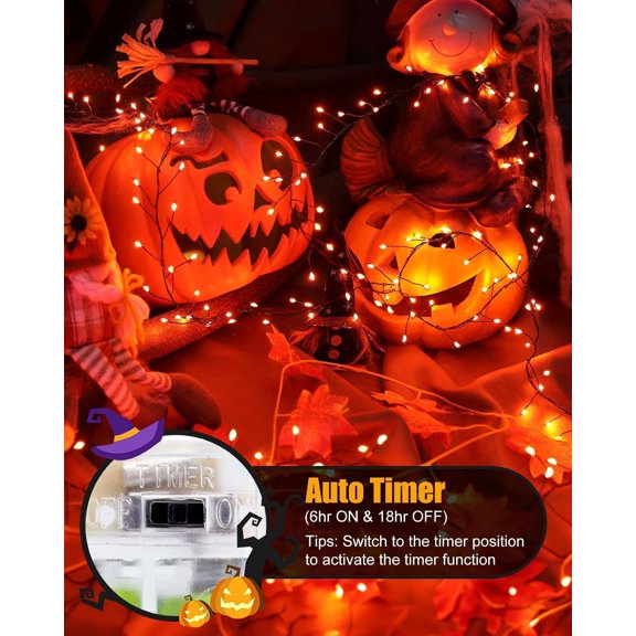 LABAKUI-Halloween Fairy Lights Battery Operated,10 Feet 120LED Firecracker String Lights Waterproof Silver Wire Firefly Light for Bedroom Home Haunted House Indoor Outdoor Holiday Decorations,Orange