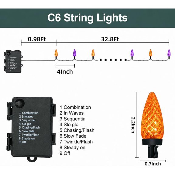 LABAKUI-Halloween String Lights Battery Operated, 29.5 Ft 100 LEDs C6 Color Change Lights 8 Modes for Indoor Outdoor Halloween Decoration